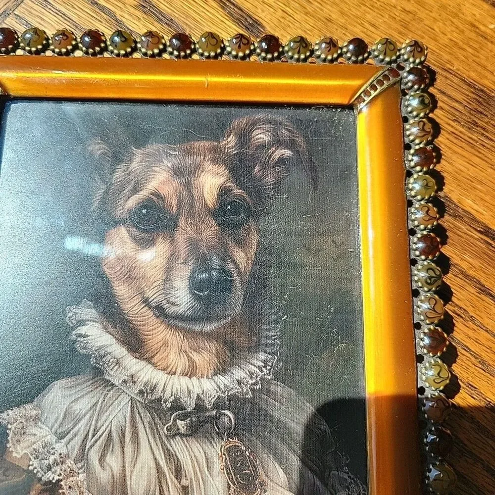 Vtg enamel & faux gemstone picture frame copper 4x6 photo Royal Dog art print